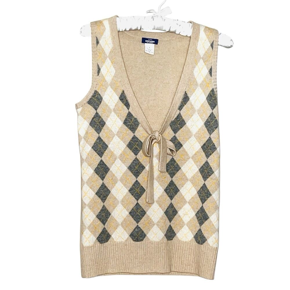J CREW SONTUOSE 100% CASHMERE TAN ARGYLE SWEATER VEST TOP S / SMALL
